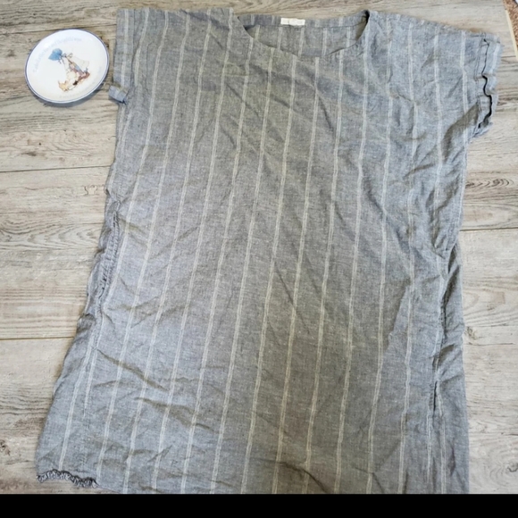 Eileen Fisher Hemp-Cotton Natural Fiber Short Sleeve Grey Stripe Dress Lagenlook - Picture 6 of 12